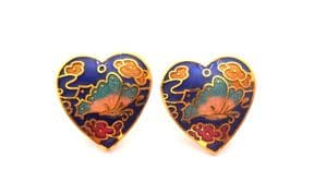Vintage Cloisonne Enamel Heart Shaped Flower And Butterfly Design Earrings