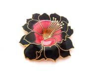 Vintage Cloisonne Enamel Large Black Orchid Flower Design Brooch