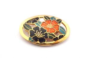 Vintage Cloisonne Enamel Oval Shaped Floral Flower Design Brooch