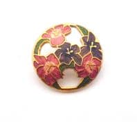 Vintage Cloisonne Enamel Red Flower Brooch By Fish And Crown