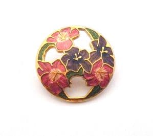 Vintage Cloisonne Enamel Red Flower Brooch By Fish And Crown