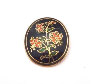 Vintage Cloisonne Enamel Red Flower Floral Design Brooch By Fish And Crown