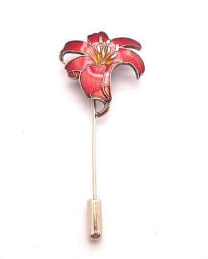 Vintage Cloisonne Enamel Red Orchid Flower Design Stick Pin
