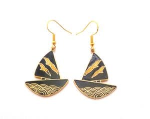 Vintage Cloisonne Enamel Sailing Boat Design Drop Earrings
