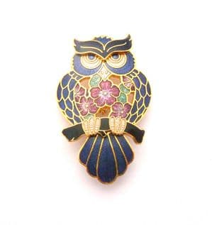 Vintage Cloisonne Enamel Wise Owl Bird Design Brooch By Fish And Crown