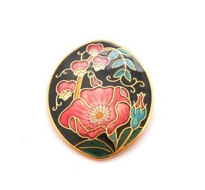 Vintage Cloisonne Red Flower Floral Design Brooch By Sea Gems