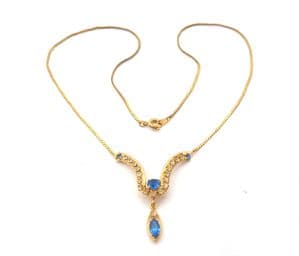 Vintage Dainty Blue And Clear Rhinestone Set Panel Drop Design Short Length Necklace