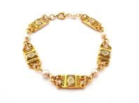 Vintage Dainty Thin Faux Pearl And Damascene Style Geometric Design Panel Bracelet