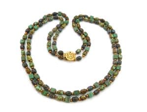 Vintage Double Stranded Scottish Style Green Tone Picasso Glass Beaded Matinee Length Necklace