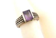 Vintage Emerald Cut Amethyst Gemstone And  Sterling Silver Foliate Detailed Ring