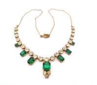 Vintage Emerald Green And Clear Rhinestone Drop Design Art Deco Style Choker Necklace
