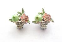 Vintage Enamel And Lucite Flower Basket Design Clip On Earrings