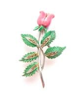 Vintage Enamel And Marcasite Pink Rose Flower Design Brooch