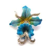 Vintage Enamel And Marcasite Set Blue Orchid Flower Design Brooch.