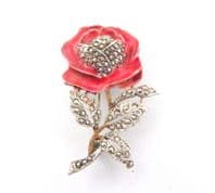Vintage Enamel And Marcasite Set Rose Flower Design Brooch