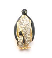 Vintage Enamel And Rhinestone Penguin Family Bird Design Brooch