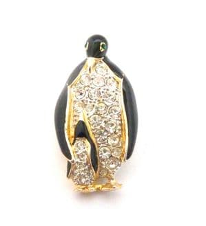 Vintage Enamel And Rhinestone Penguin Family Bird Design Brooch