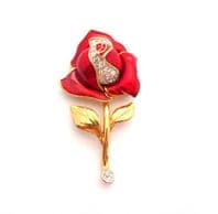Vintage Enamel And Rhinestone Red Rose Flower Design Brooch