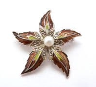 Vintage Enamel Marcasite And Faux Pearl Flower Design Brooch.