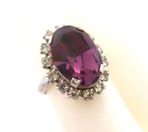 Vintage Faux Amethyst And Clear Rhinestone Detailed Cocktail Style Mid Century Adjustable Size Ring