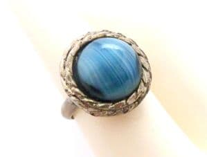 Vintage Faux Blue Agate Cabochon Set Scottish Celtic Style Adjustable Size Ring