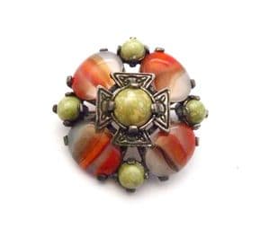 Vintage Faux Connemara Marble And Agate Glass Cabochon Scottish Shield Style Brooch By Miracle