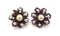 Vintage Faux Pearl And Carnival Glass Seed Bead Woven Floral Design Clip On Earrings