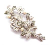 Vintage Faux Pearl And Marcasite Floral Posy Statement Design Brooch