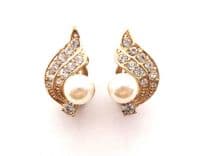 Vintage Faux Pearl And Rhinestone Set Abstract Curving Design Clip On Earrings