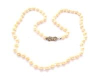 Vintage Faux Pearl Hand knotted Matinee Length  Necklace With Ornate Marcasite Bow Design Clasp