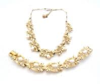 Vintage Faux Pearl Set Leaf Design Bracelet And Necklace Set By Jewelcraft, Corocraft
