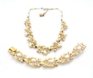 Vintage Faux Pearl Set Leaf Design Bracelet And Necklace Set By Jewelcraft, Corocraft