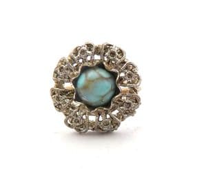 Vintage Faux Turquoise Glass Cabochon And Filigree Floral Style Adjustable Size Ring