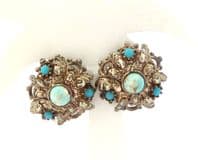 Vintage Faux Turquoise Glass Ornate Modernist Design Clip On Earrings
