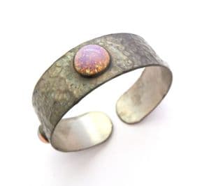 Vintage Fire Opal Glass Cabochon Set And  Embossed Pewter Modernist Style Cuff Bracelet