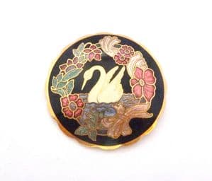 Vintage Fish And Crown Cloisonne Enamel Swan Bird And Floral Design Brooch