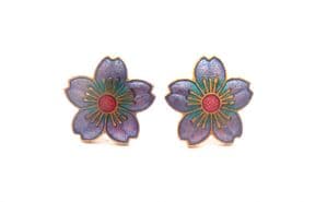 Vintage Fish And Crown Small Cloisonne Enamel Purple Flower Design Earrings