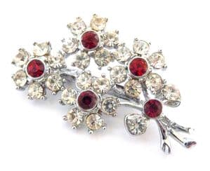 Vintage Flower Red And Clear Rhinestone Floral Posy Statement Design Brooch