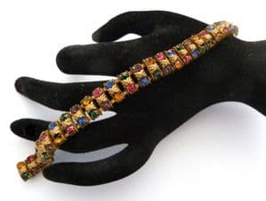 Vintage Fruit Salad Double Row Rhinestone Set Ornate Design Bracelet