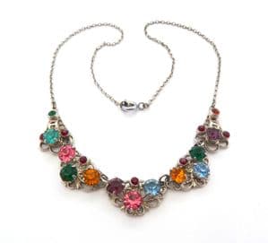 Vintage Fruit Salad Rhinestone Set Filigree Panel Design Choker Necklace