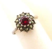 Vintage Garnet, Marcasite And Sterling Silver Ring