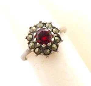Vintage Garnet, Marcasite And Sterling Silver Ring