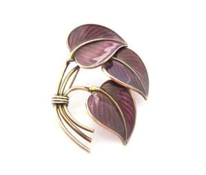Vintage Hans Myhre Scandinavian Sterling Silver And Purple  Enamel Triple Leaf  Brooch