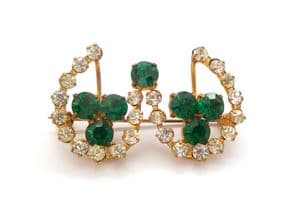Vintage Irish Style Rhinestone Detailed Double Horseshoe And Shamrock Design Brooch
