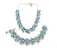 Vintage Jewelcraft Blue Enamel Leaf And Berry Design Bracelet And Adjustable Length Necklace