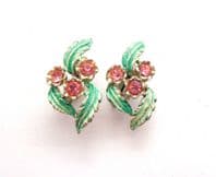 Vintage Jewelcraft Enamel And Pink Rhinestone Detailed Climbing Leaf Design Clip On Earrings