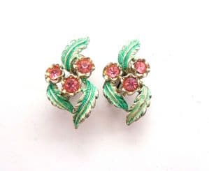 Vintage Jewelcraft Enamel And Pink Rhinestone Detailed Climbing Leaf Design Clip On Earrings
