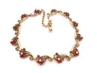 Vintage Jewelcraft Faux Pearl And Red Rhinestone Floral Panel Design Choker Necklace By Jewelcraft