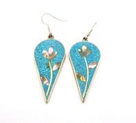 Vintage Large Alpaca Silver Abalone Shell And Crushed Turquoise Floral Design Drop Design Earrings