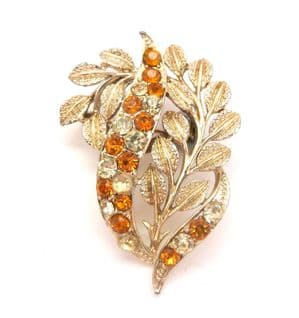 Vintage Large Amber Yellow Rhinestone Set Leaf Design Brooch